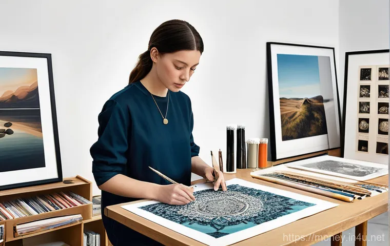 아트 프린트 판매 - **Prompt:** A cozy and inviting living room in a modern home, decorated with various framed art prin...