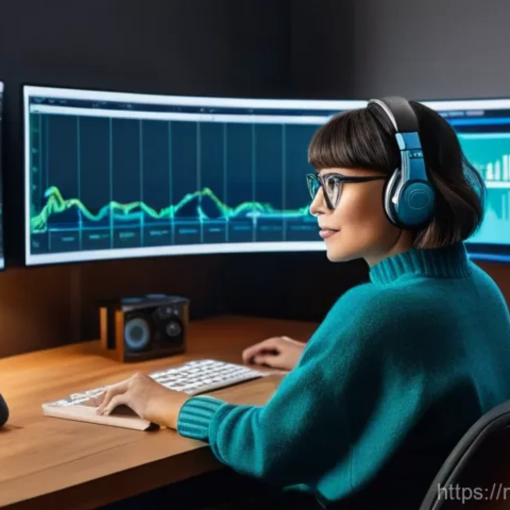 팟캐스트 수익화 - A modern, vibrant podcast studio bathed in soft, diffused light. A female podcaster in her late 20s,...