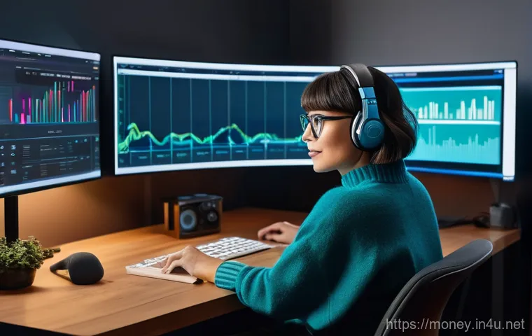 팟캐스트 수익화 - A modern, vibrant podcast studio bathed in soft, diffused light. A female podcaster in her late 20s,...