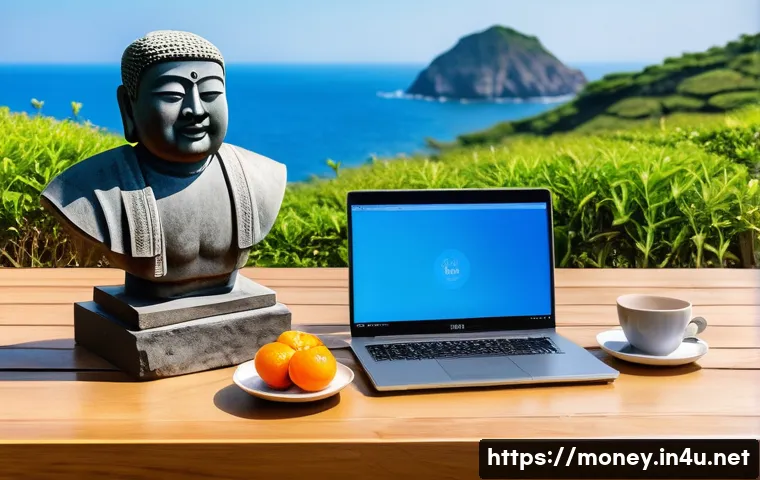 디지털 노마드 생활 - A diverse digital nomad, casually and modestly dressed in a comfortable shirt and trousers, is seate...