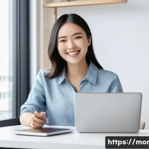 Home 11 해외직구 대행업 - A cheerful, young female entrepreneur (around 20-30s, East Asian) working from her home office, illu...
