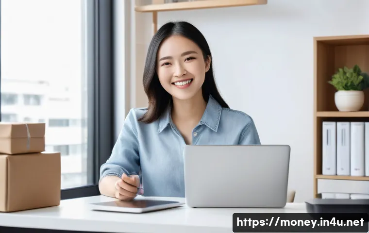 해외직구 대행업 - A cheerful, young female entrepreneur (around 20-30s, East Asian) working from her home office, illu...